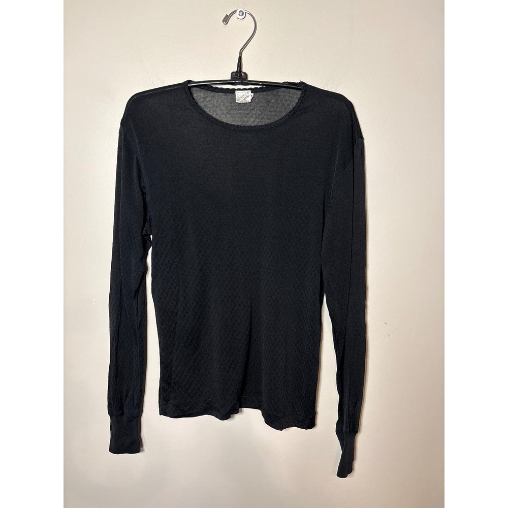 Vintage Under Silk 100% Silk Pointelle Long Sleeve Top Black Thermal Medium